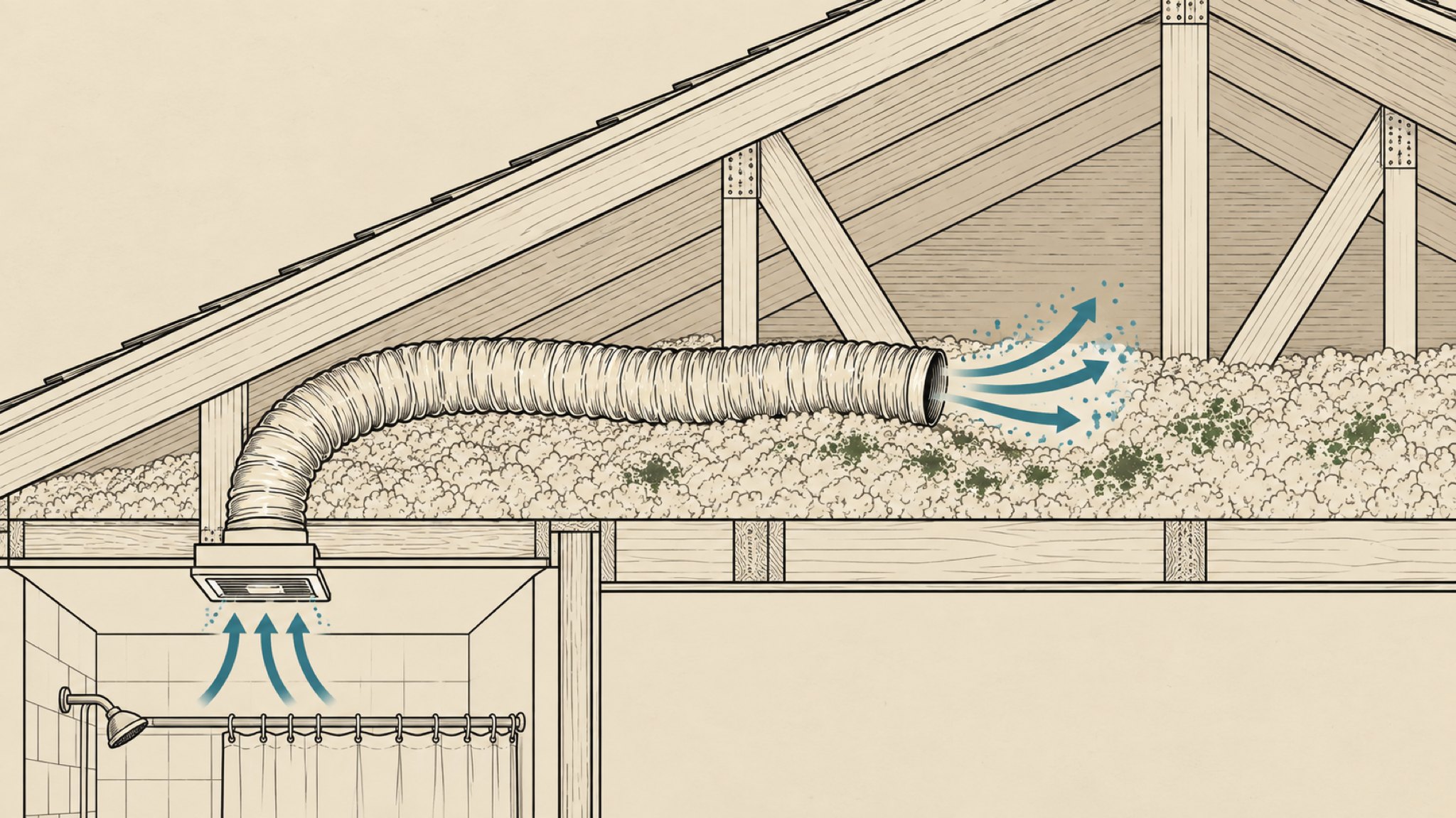 Cutaway drawing of a bathroom exhaust duct ending loose in attic insulation instead of venting outside.