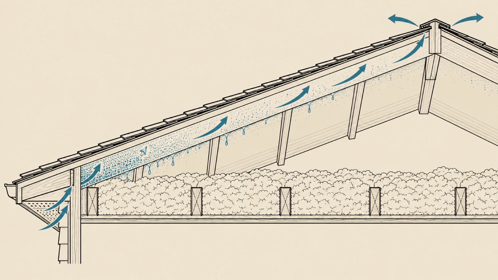 Cutaway drawing of an attic with frost and condensation on the underside of the roof sheathing, dripping onto the insulation below.