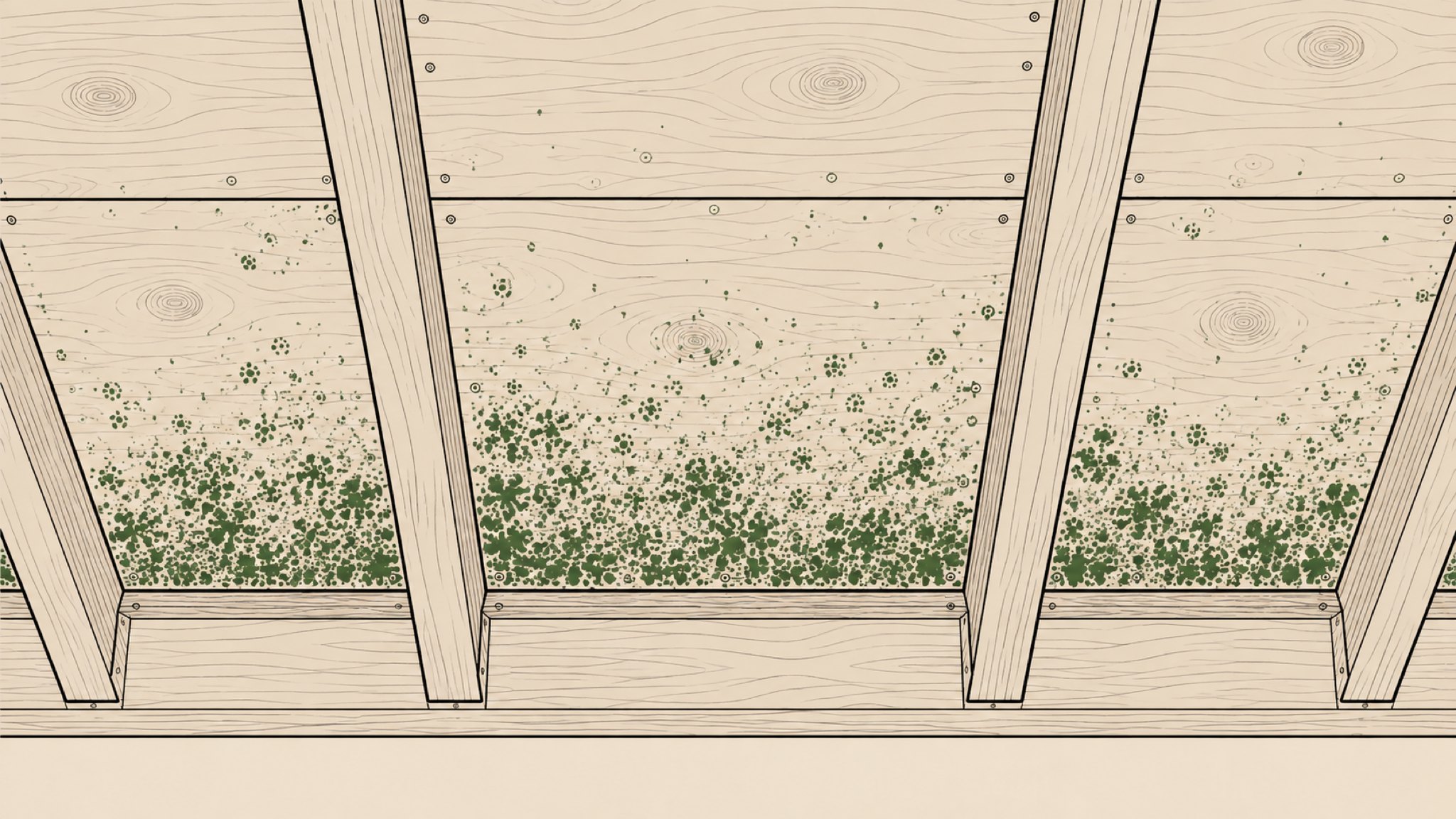 The underside of roof sheathing between rafters, dark with mold growth.