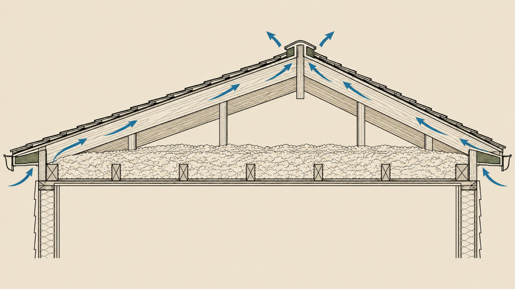 Cutaway drawing of an attic showing intake air entering at the soffit and leaving at the ridge.