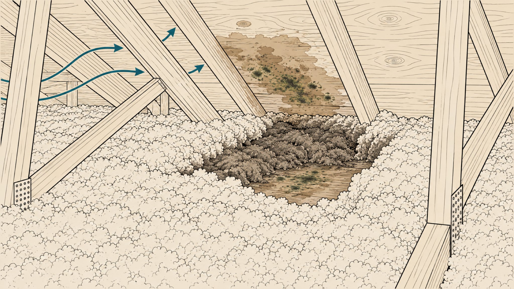 Attic insulation matted flat and discolored under a wet, stained patch of roof sheathing.