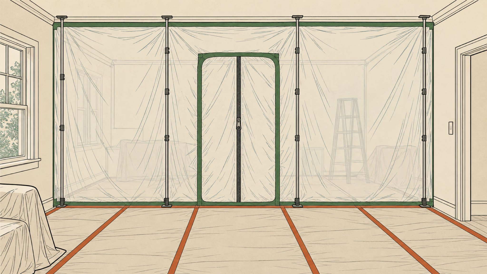 A room sealed off with plastic sheeting and a zippered door, floors protected.