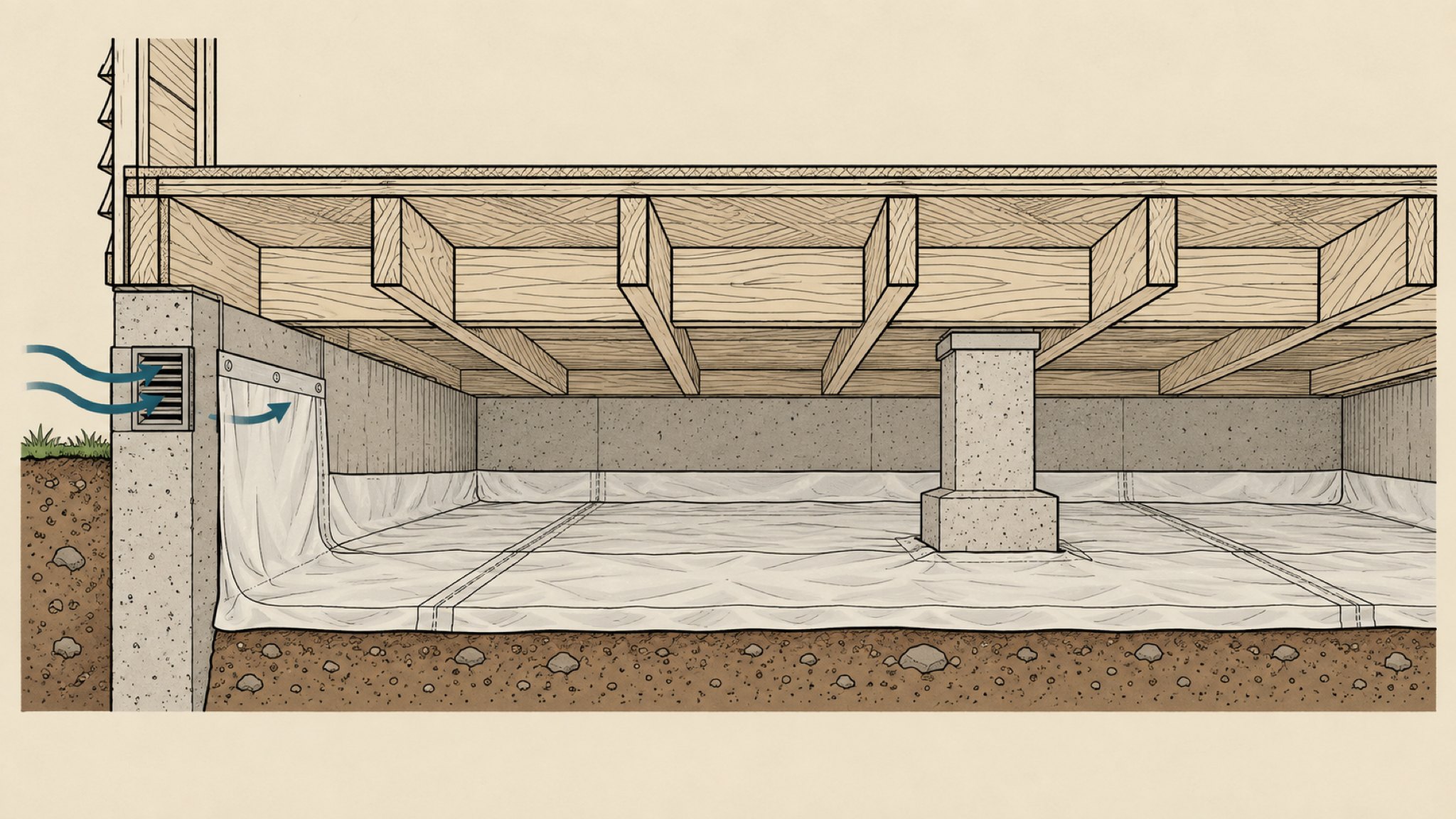 Cutaway drawing of a crawlspace with plastic sheeting laid over the soil, lapped at the seams and run up the stem wall.
