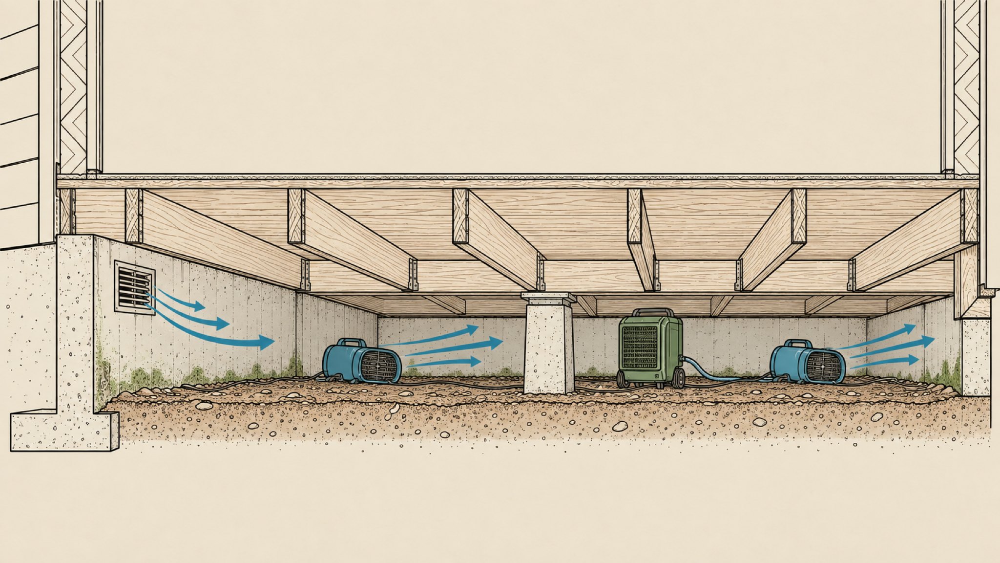 Cutaway drawing of a crawlspace with air movers staggered down its length and a dehumidifier running between them.