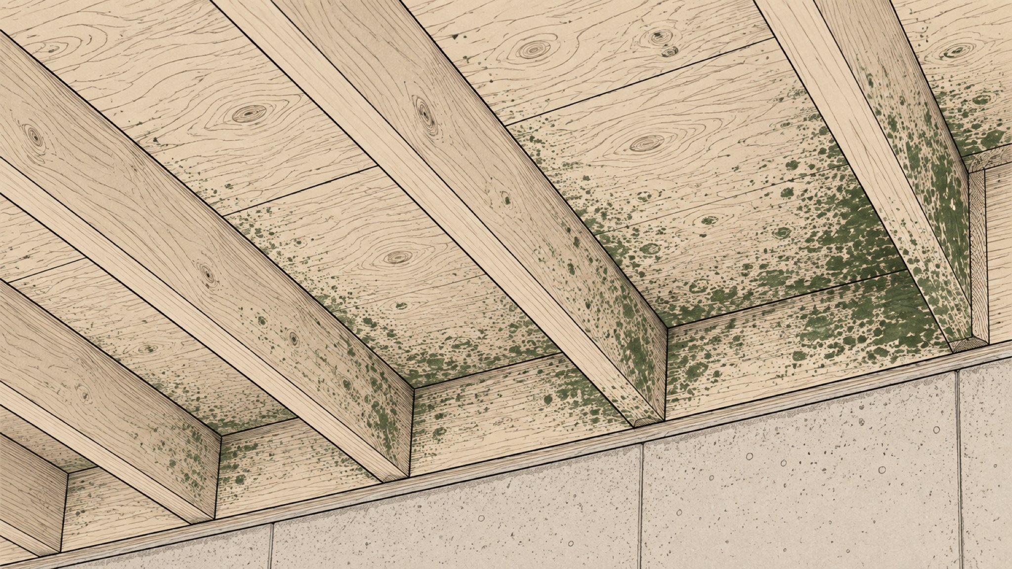 The underside of a crawlspace floor, joists and subfloor dark with mold growth.