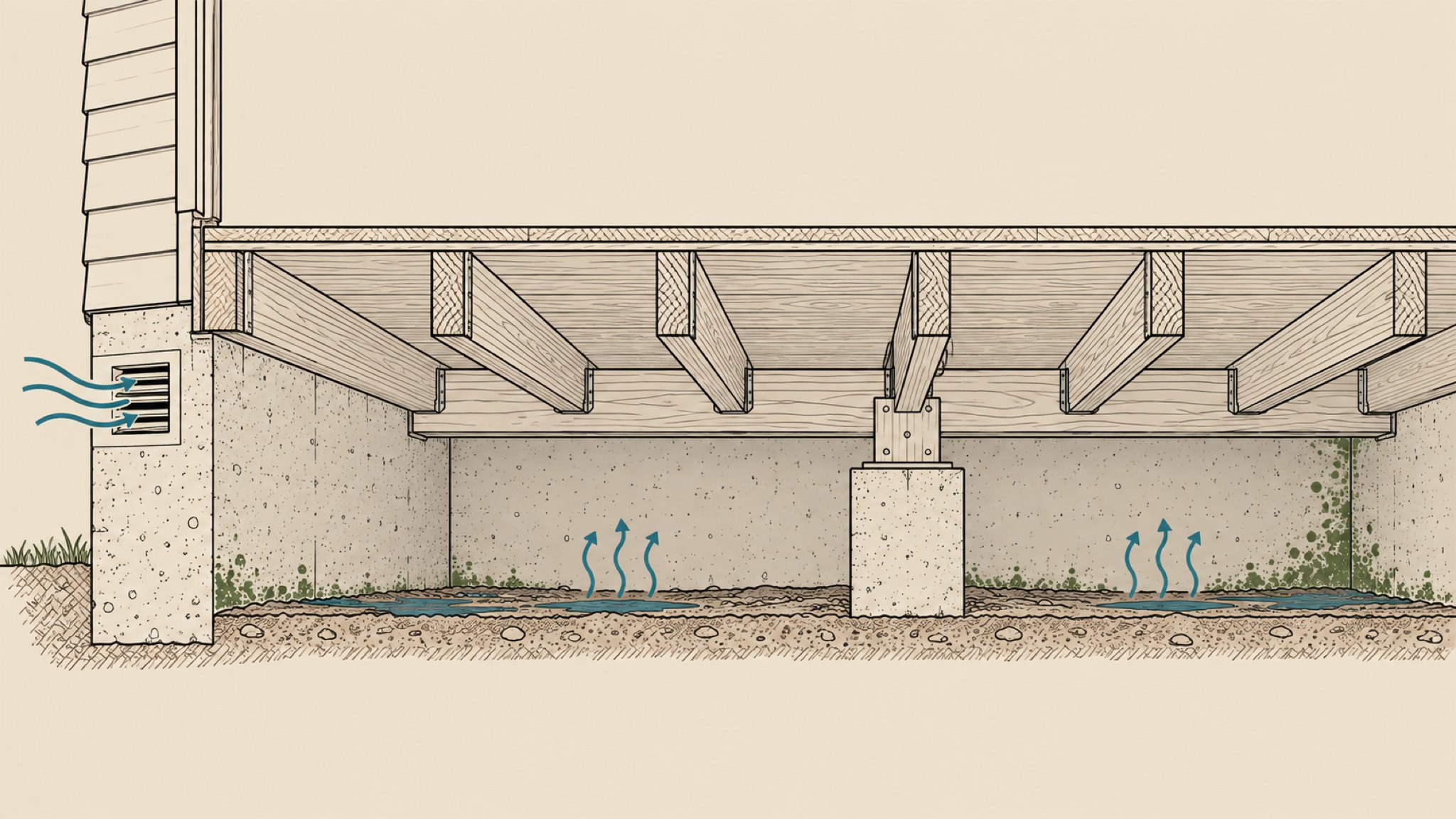 Cutaway drawing of a crawlspace: stem wall on a footing, a pier and girder mid span, floor joists overhead, bare soil below, and a foundation vent.