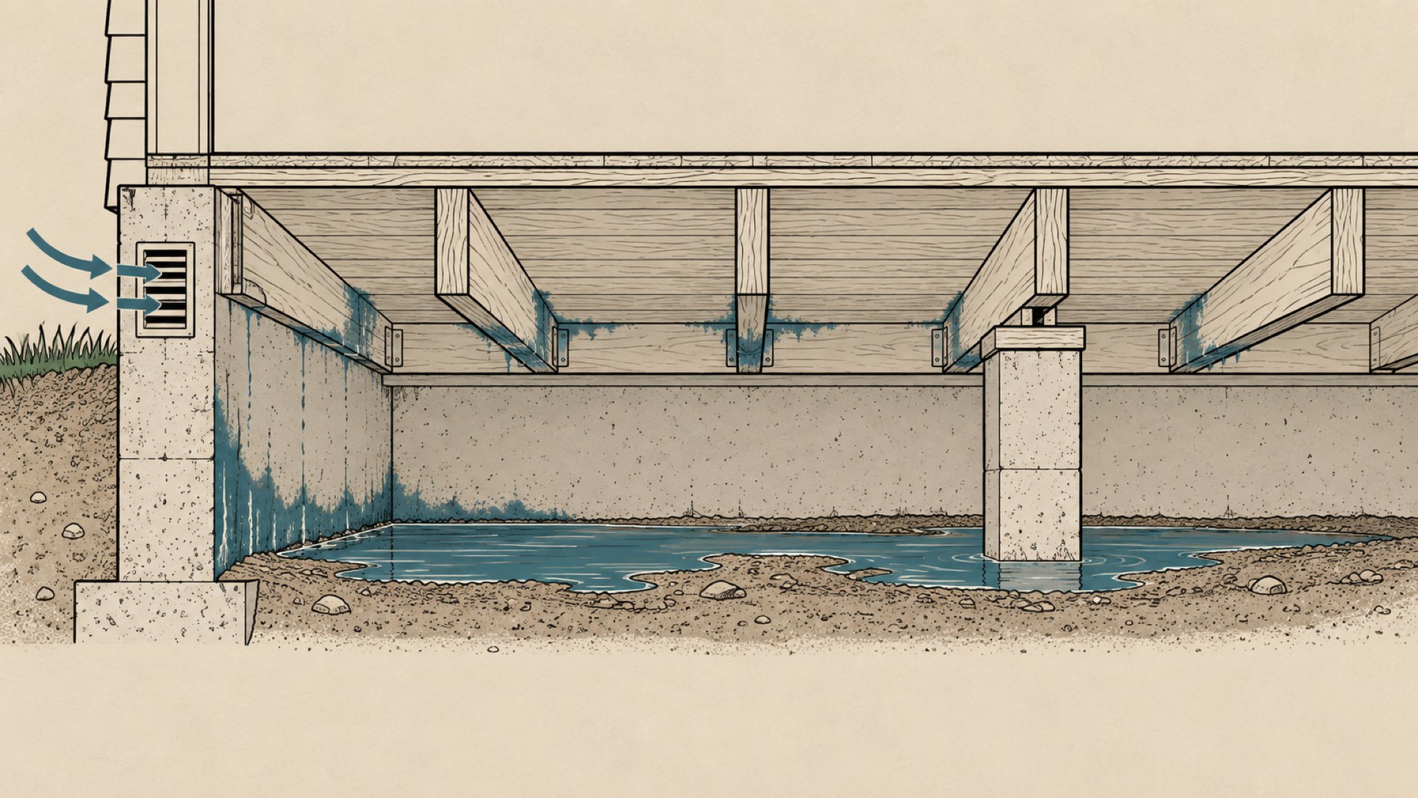 Cutaway drawing of a flooded crawlspace: standing water across the soil and wet floor framing above it.