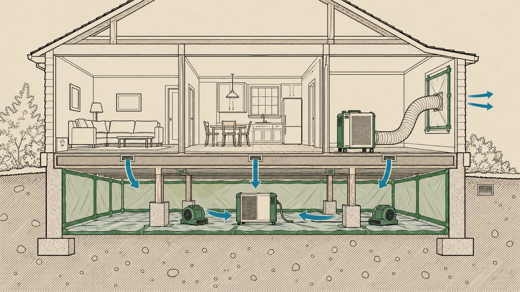 Cutaway drawing of a whole-house drying setup: the crawlspace sealed as its own chamber with air movers and a dehumidifier inside it, and an air scrubber on the main floor exhausting outside.