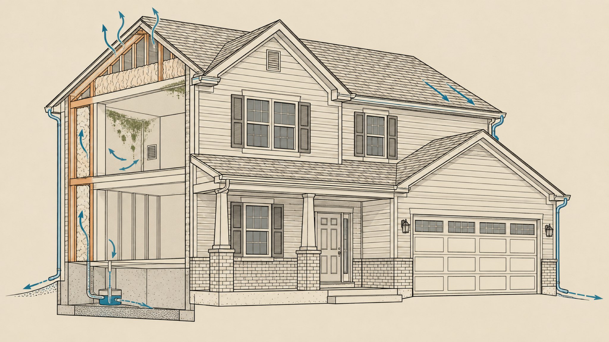 Drawing of a two-story house from the street with one corner cut open to show the framing and the crawlspace inside.