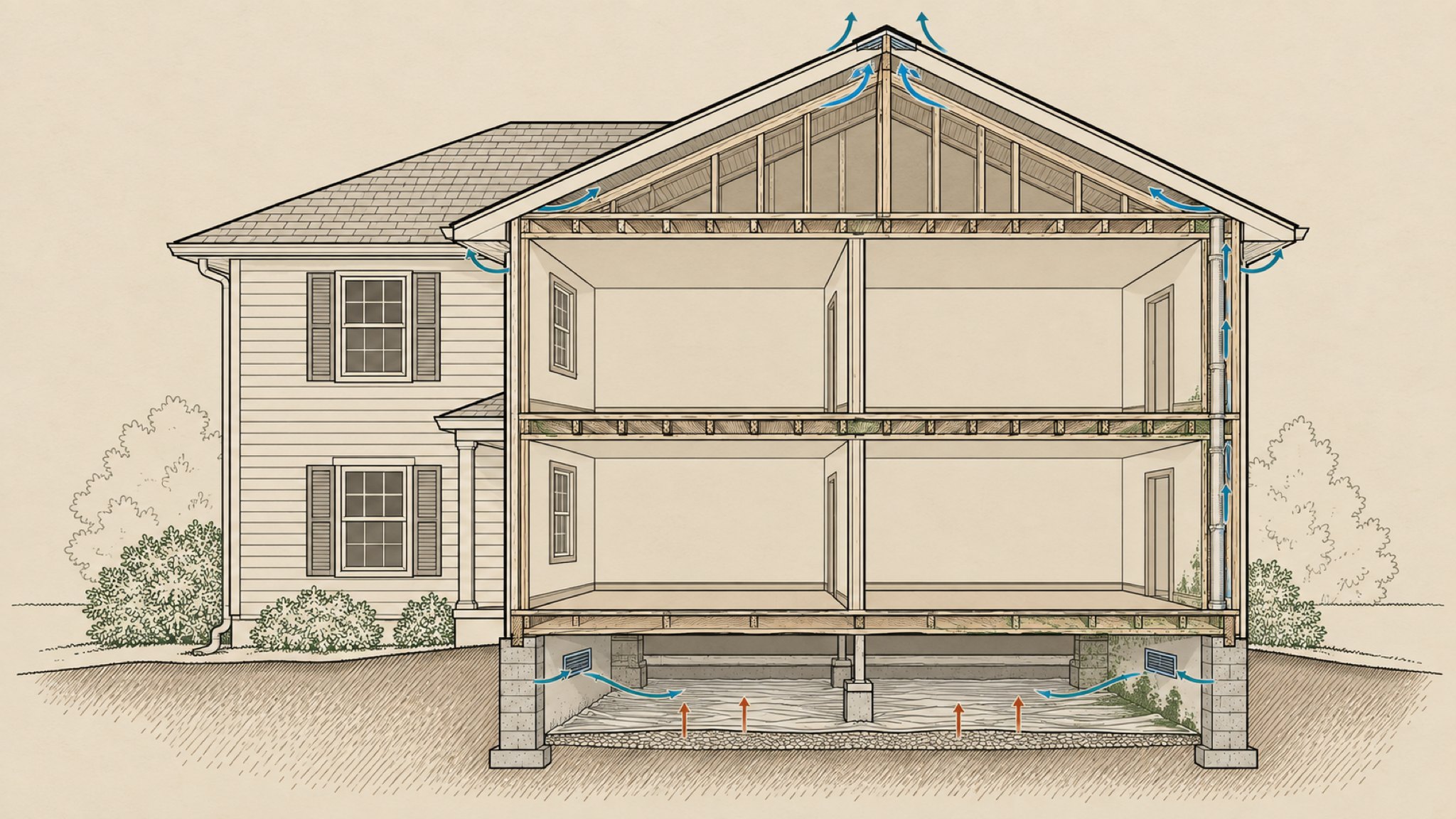 Cutaway drawing of a two-story house showing the attic, both floors, and the crawlspace below.