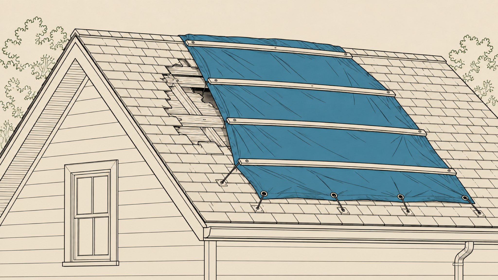 A tarp run over a damaged section of roof and battened down with furring strips.