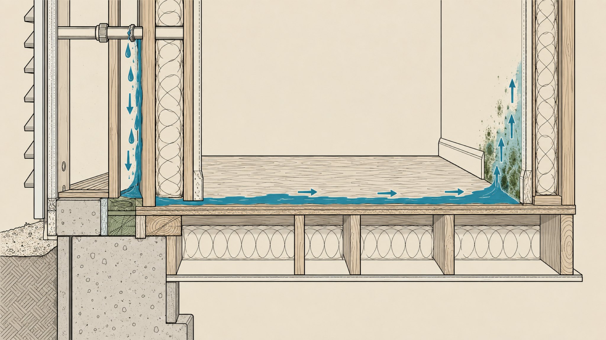 Cutaway drawing of a wall and floor with a failed supply line: water running down the cavity, spreading across the floor, and dropping into the joist bay.